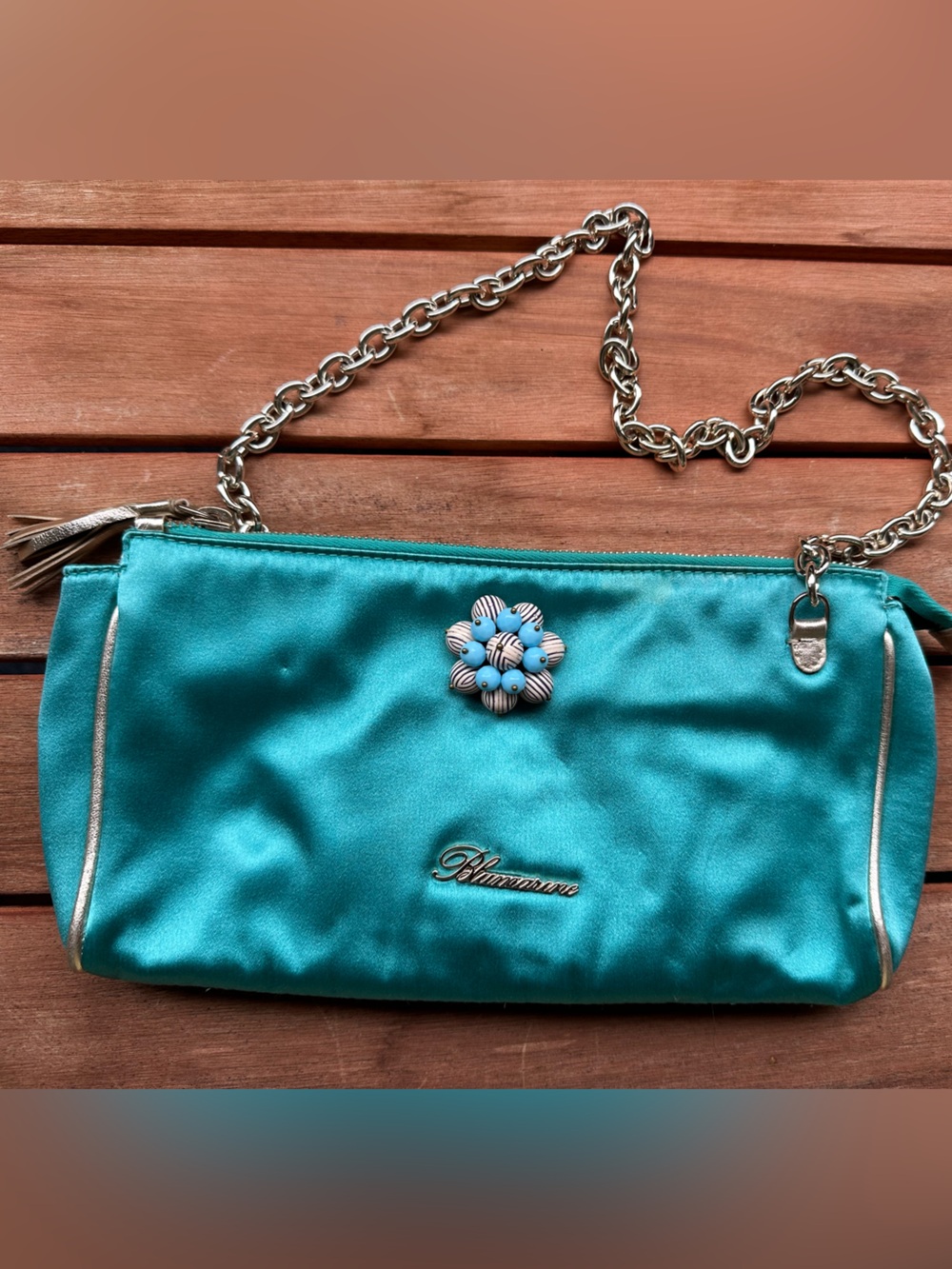 Bluemarine Teal Mini Bag with Silver Chain